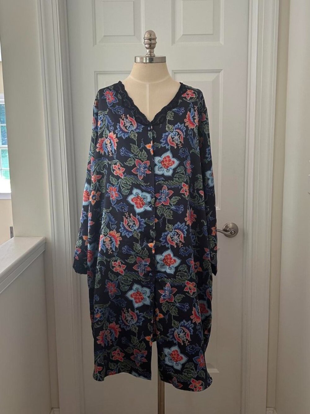Woman Within Multicoloured floral nightgown with lace trim and button-up front.